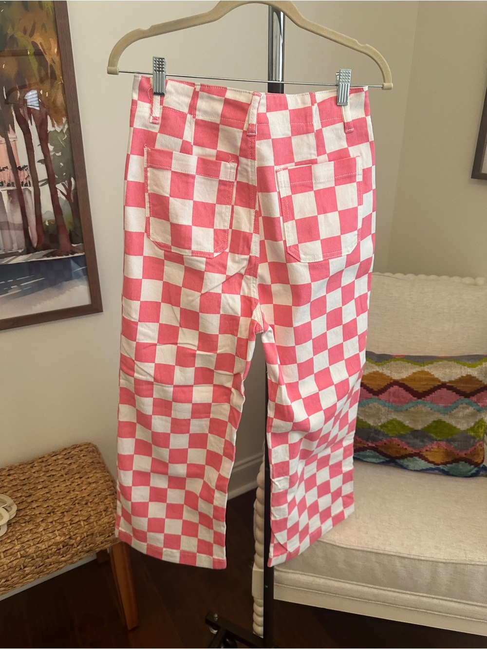 Pink & White Check Wide-Leg crop Jeans - Picture 3 of 3